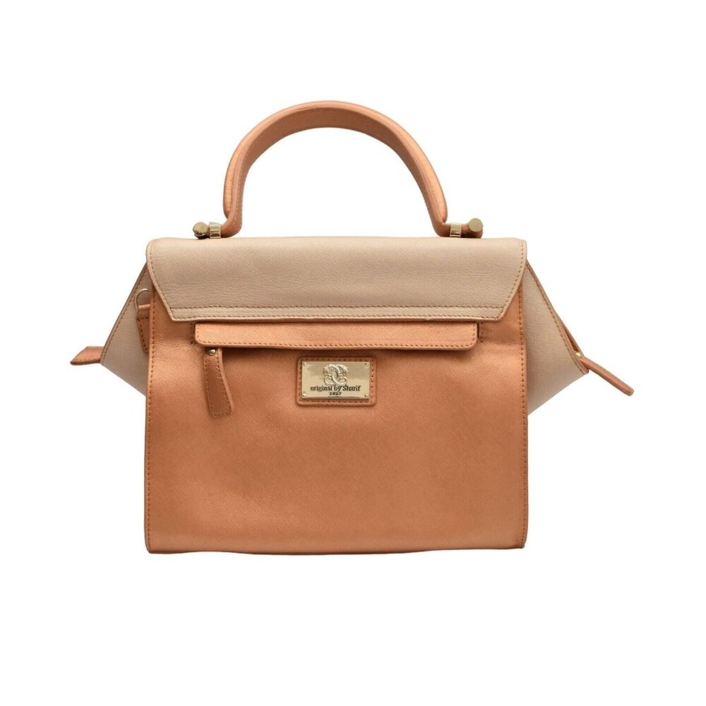 Sharif Handbag Satchel Peach Beige Leather Gold Studded Trapezoid Top Handle Bag - Picture 3 of 12